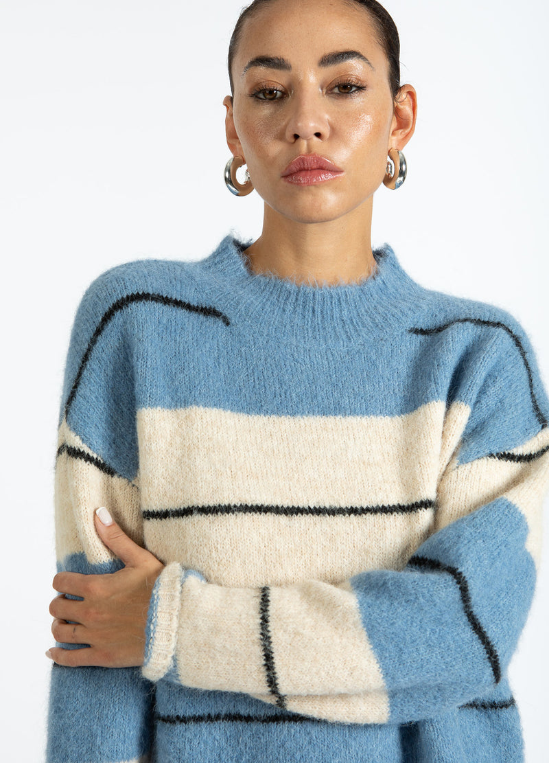 Coster Copenhagen PLUIZIGE GESTREEPTE GEBREID Knitwear Blue/creme stripe - 589